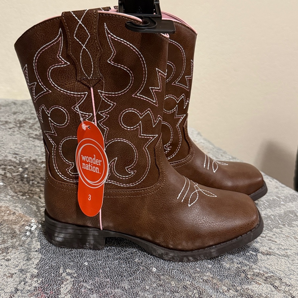 Wonder Nation Brown Cowboy  Boots with Pink Trim Size 3